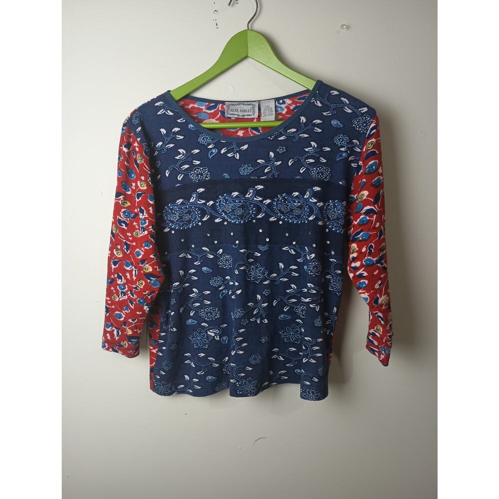 Vtg Mix Media floral Top Fitted Medium American Blue Red Y2K Paisley Jane Ashley